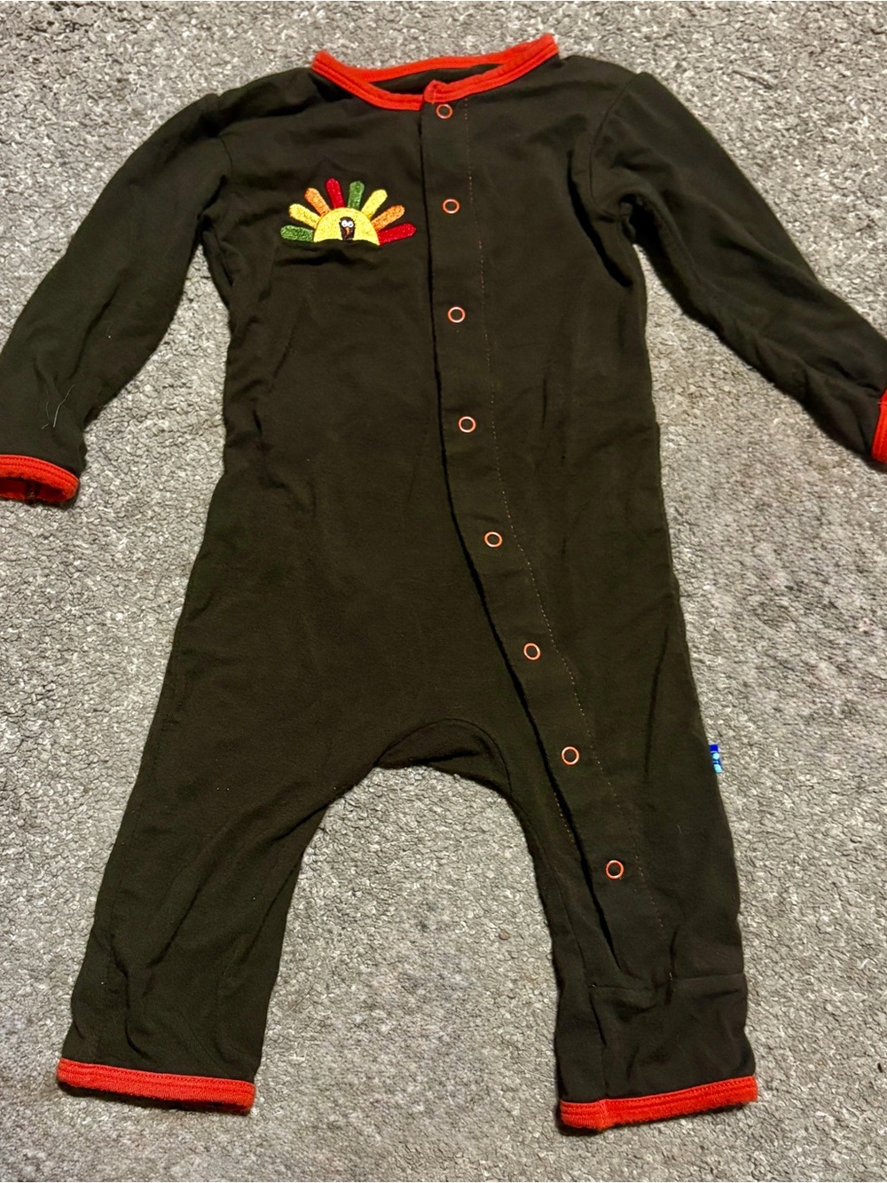 Thanksgiving Holiday Applique Coverall
in Bark Turkey with Frisbee Trim EUC